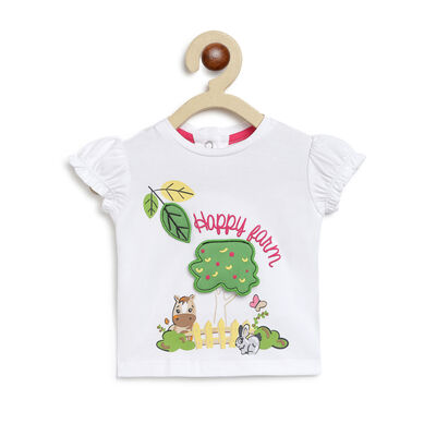 Girls White Printed Short Sleeve T-shirt